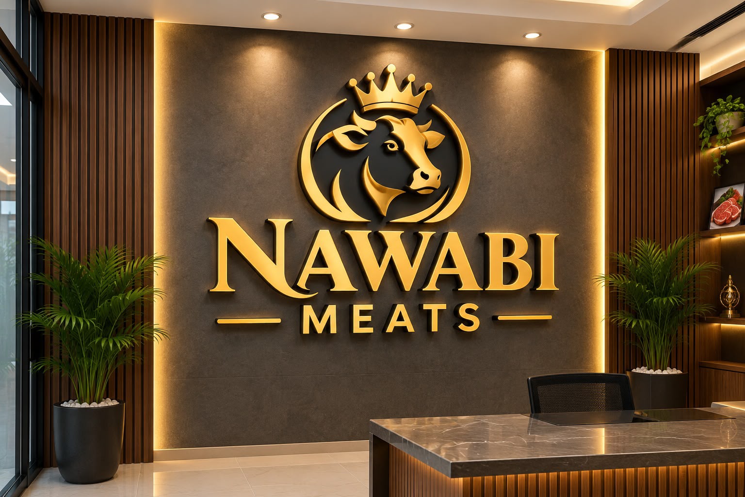 The Nawabi Meats store interior: a backlit gold crown-and-bull logo on a dark stone wall, flanked by walnut panels and palms